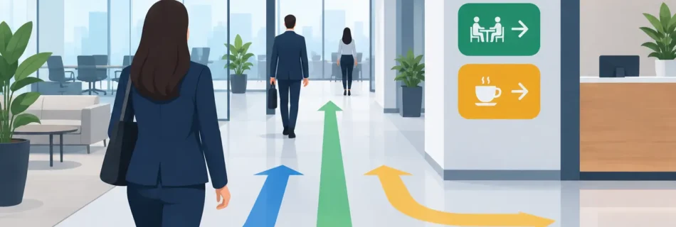 Sinalização direcional que organiza fluxos corporativos